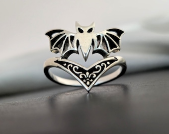 Sterling Silver Gothic Bat Ring: Witchy Vampire V Stacking Statement Jewelry