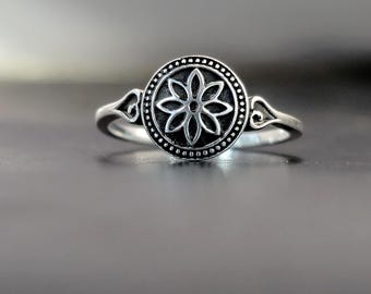 Mandala Flower Ring Sterling Silver: Boho Meditation Jewelry