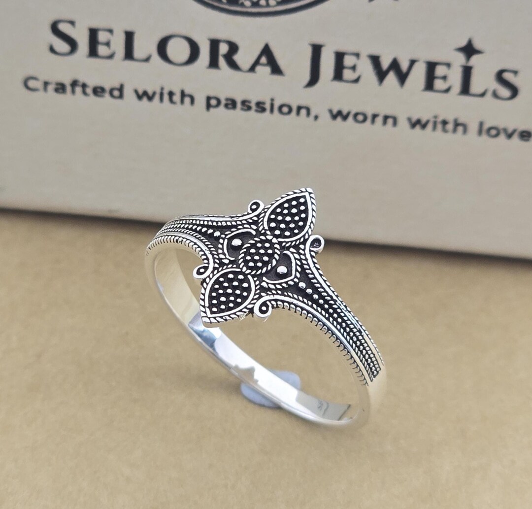 Sterling Silver Boho Statement Ring for Women, Marquise Floral Tribal ...