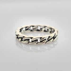 Sterling Silver Cuban Link Chain Ring - Oxidized Curb Chain Design