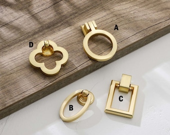 Brushed Brass Cabinet Knobs Ring Pulls Handles Cabinet Ring Knobs Single Hole Hardware Handle Solid Brass Ring Pull or Knobs