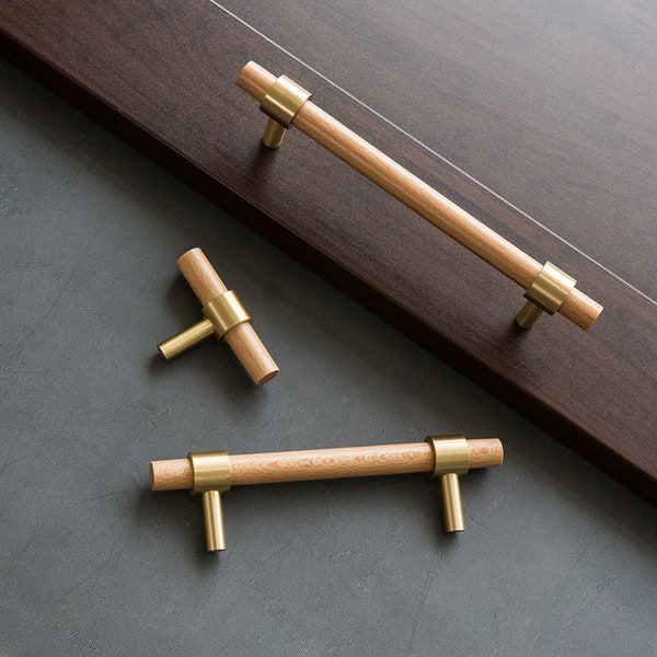 Beech Kitchen Cabinet Hardware Beech Wood Carbinet Handles Brass Drawer Pulls Dresser Knobs Closet Wardrobe Handles T Bar Pulls