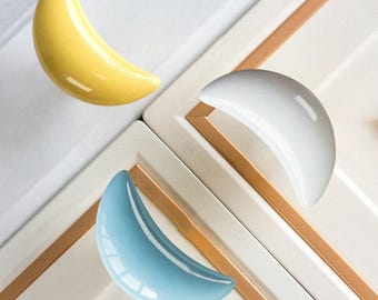 Crescent Moon Ceramic Drawer Knob: Handmade Children's Furniture Hardware
