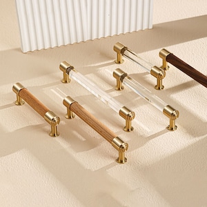 Brass Cabinet Handle: Crystal, Walnut, or Beech Wood Drawer Pull