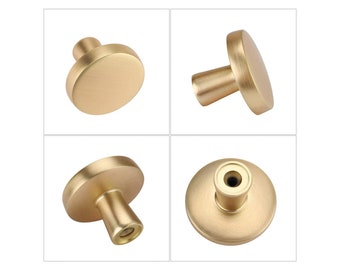 Brushed Brass Round Solid Cabinet Hardware Knob 1-1/4in Diameter Cabinet Pulls Modern Cabinet Door Knobs for Dresser Kitchen