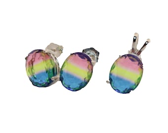 Oval Tricolored Tourmaline Sterling Silver Earring/Necklace Set