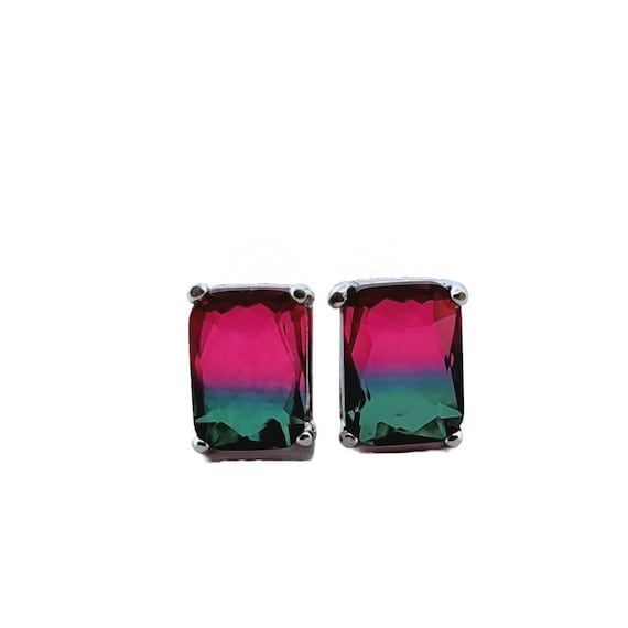 Boucles D'Oreilles Argent Sterling 925 - Tourmaline Pastèque Naturelle, Clous Bicolores