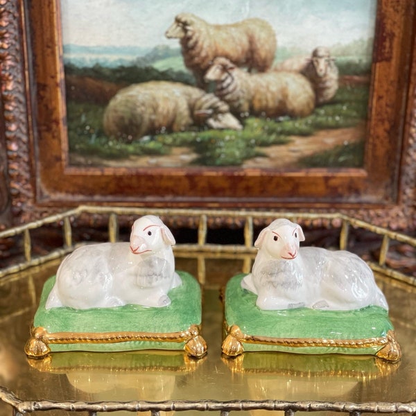 Rare pair of hand painted Chelsea House Italian ceramic sheep/ lamb figurines