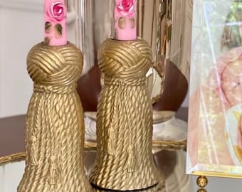 Pair of vintage carved brass Hollywood Regency candlestick holders