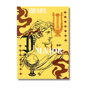 Pode incluir: Um design gráfico amarelo e marrom com uma ilustração em preto e branco de uma cabeça de homem. O texto "I MAJOR EP" está em letras pretas.