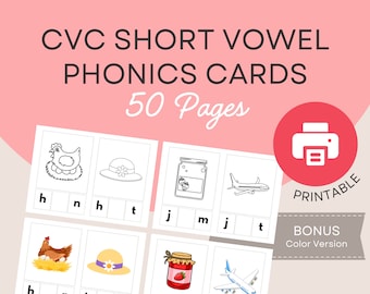 CVC Short Vowel Phonics Cards, Learning Phonics Activity, Consonant and Vowel Practice, Kindergarten 1st 2nd Grade Phonics Reading Learning