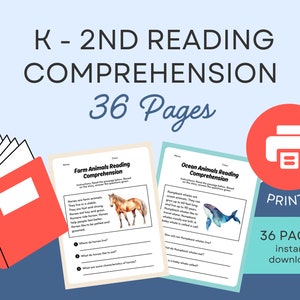 Comprehensive Reading Printable Worksheets, Kindergarten First Second Third Grade Reading Skills, Homeschool Activity, 36 Worksheets