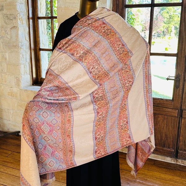 Large Beige Brown Kashmiri Jacquard Design Pashmina Wool Shawl Wrap Muslim Hijab Pakistani Indian Afghani Bengali Western wear all season