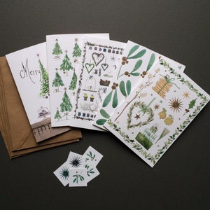 Christmas Cards, set of 5 illustrated folded cards with envelopes and stickers, greeting cards, Christmas trees, mistletoe