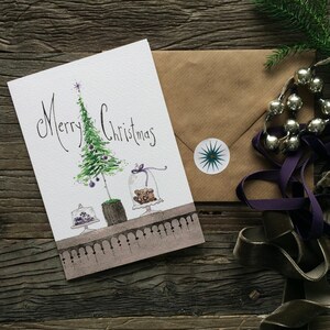 Christmas card no.13, illustrated folded card with envelope and sticker, greeting card, Christmas tree, hand lettering