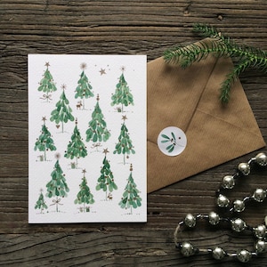 Christmas card no.7,  illustrated folded card with envelope and sticker, Christmas trees, Aquarell