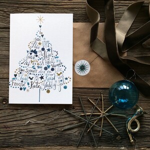Christmas card no.4, illustrated folded card with envelope and sticker, Christmas tree, nordic, hand lettering