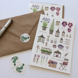 Carte de voeux n°24, carte d'anniversaire illustrée, aquarelle, carte pliée avec enveloppe et autocollant, jardin, botanique, plantes, fleurs