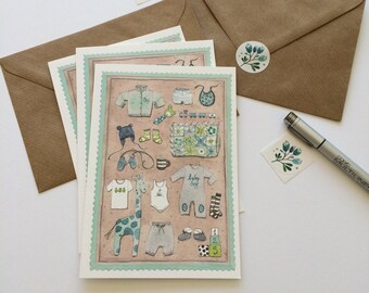 Carte de voeux n°18, carte d'anniversaire illustrée, aquarelle, carte pliante avec enveloppe et autocollant, enfants, bébé, garçon, invitation