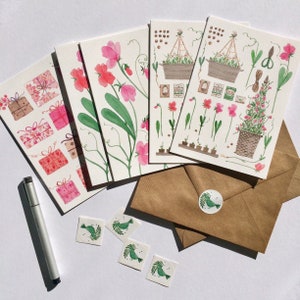 Cartes de vœux, 5 cartes pliantes joliment illustrées avec enveloppes et autocollants, cartes d'anniversaire, invitation, pois de senteur, plantes, amour du jardin