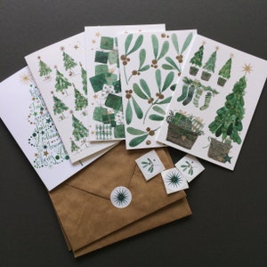 Weihnachtskarten im Set mit 5 Stk. Aquarell, liebevoll illustrierte Klappkarten mit Umschlägen und Sticker, Tannenbaum, Mistel, Kalligrafie