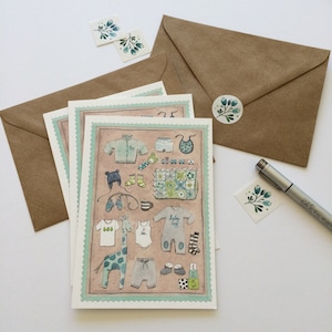 Wenskaart nr.18, geïllustreerde verjaardagskaart, aquarel, vouwkaart met envelop en sticker, kinderen, baby, jongen, uitnodiging