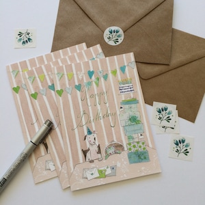 Wenskaart nr. 16, liefdevol geïllustreerde verjaardagskaart, aquarel, gevouwen kaart met envelop en sticker, kinderen, feest, geschenken, teddybeer