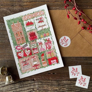 Kerstkaart nr. 47, aquarel, liefdevol geïllustreerde vouwkaart met envelop en sticker