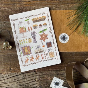 Kerstkaart nr. 49, aquarel, liefdevol geïllustreerde vouwkaart met envelop en sticker, kerstlekkernijen, ontbijtkoek, marsepein