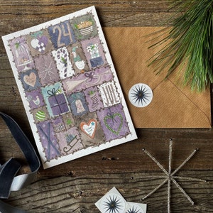 Kerstkaart nr. 48, aquarel, liefdevol geïllustreerde vouwkaart met envelop en sticker, pakje, peperkoekhart, zuurstok, trompet