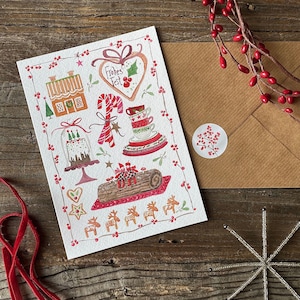 Kerstkaart nr. 46, aquarel, liefdevol geïllustreerde vouwkaart met envelop en sticker, kersttraktaties, peperkoekhart