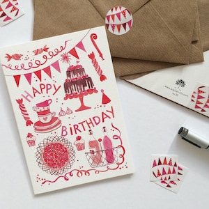 Wenskaart nr. 35, liefdevol geïllustreerde verjaardagskaart, aquarel, vouwkaart met envelop en sticker, bessencake