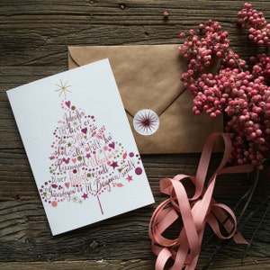 Christmas card no.3,  illustrated folded card with envelope and sticker, Christmas tree, hand lettering