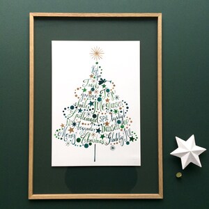 Print no.2, poster, hand lettered Christmas tree &quot;Højt fra træets grønne top&quot; illustration, A3 or A4