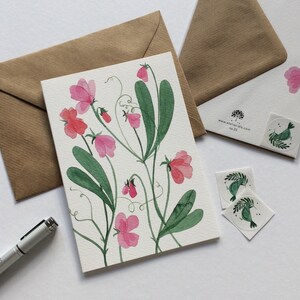 Carte de voeux n°33, aquarelle, fleurs joliment illustrées, carte pliante avec enveloppe et autocollant, pois de senteur, lathyrus, invitation, anniversaire