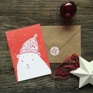 Carte de Noël n°11, aquarelle, carte pliante joliment illustrée avec enveloppe et autocollant, ours polaire câlin, neige, calligraphie