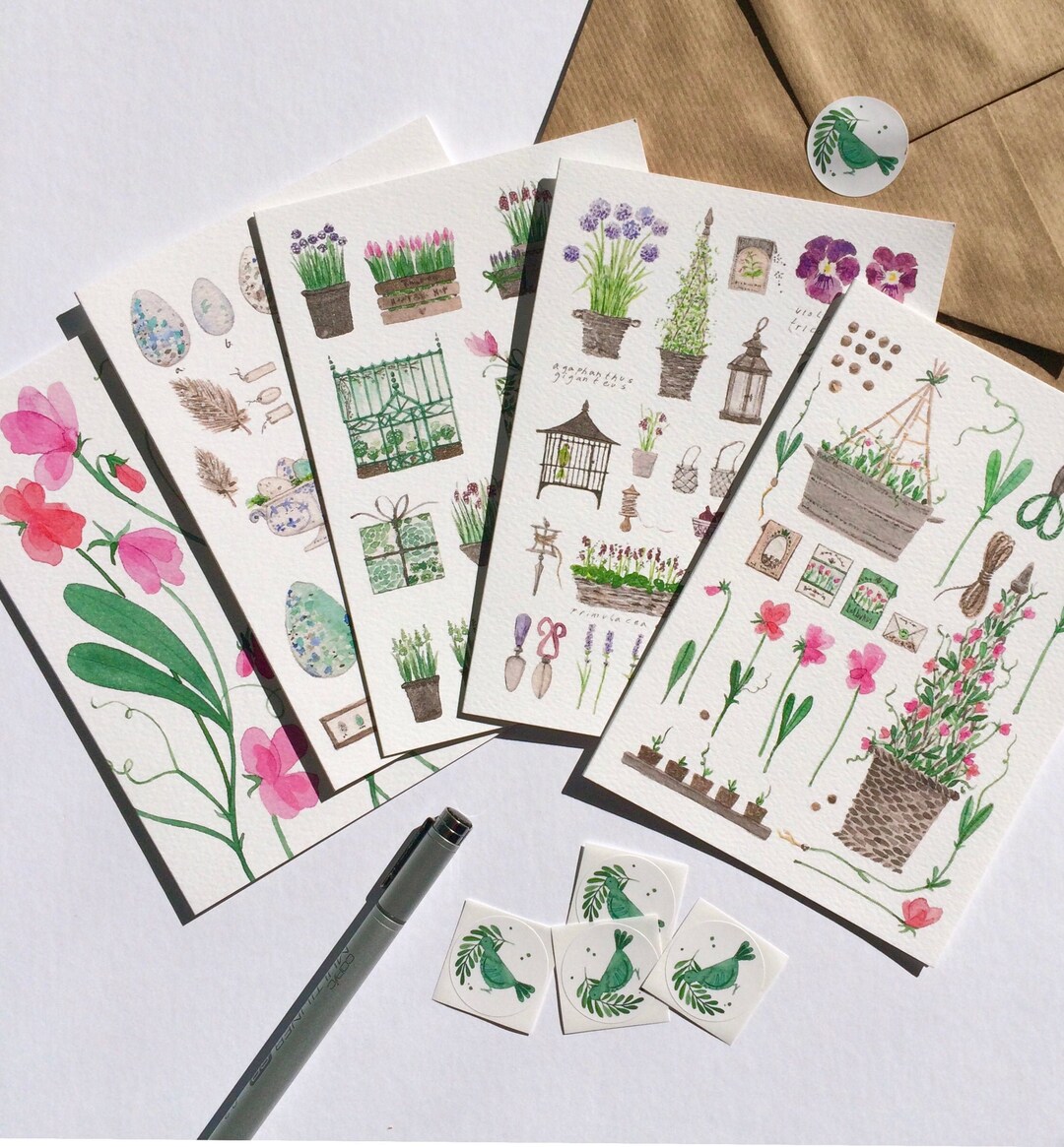 Greeting Cards in Set of 5, Illustrated, Folded Cards With Envelopes ...