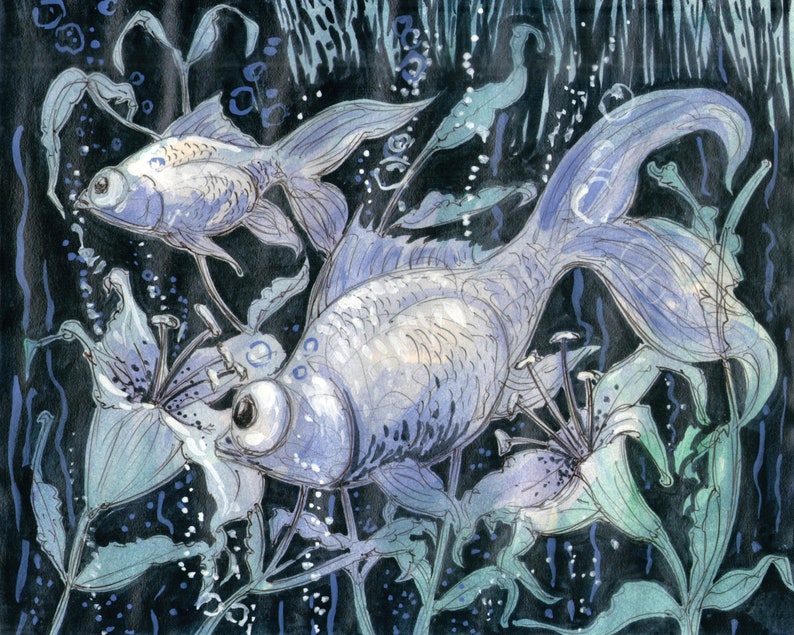 Modern Fishes and Flowers Painting Printable Wall Art Acrylics and Tempera on Paper Instant Download Pintable Digital Art