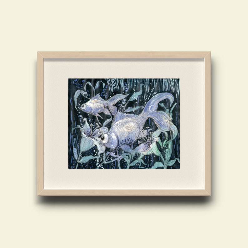 Modern Fishes and Flowers Painting Printable Wall Art Acrylics and Tempera on Paper Instant Download Pintable Digital Art