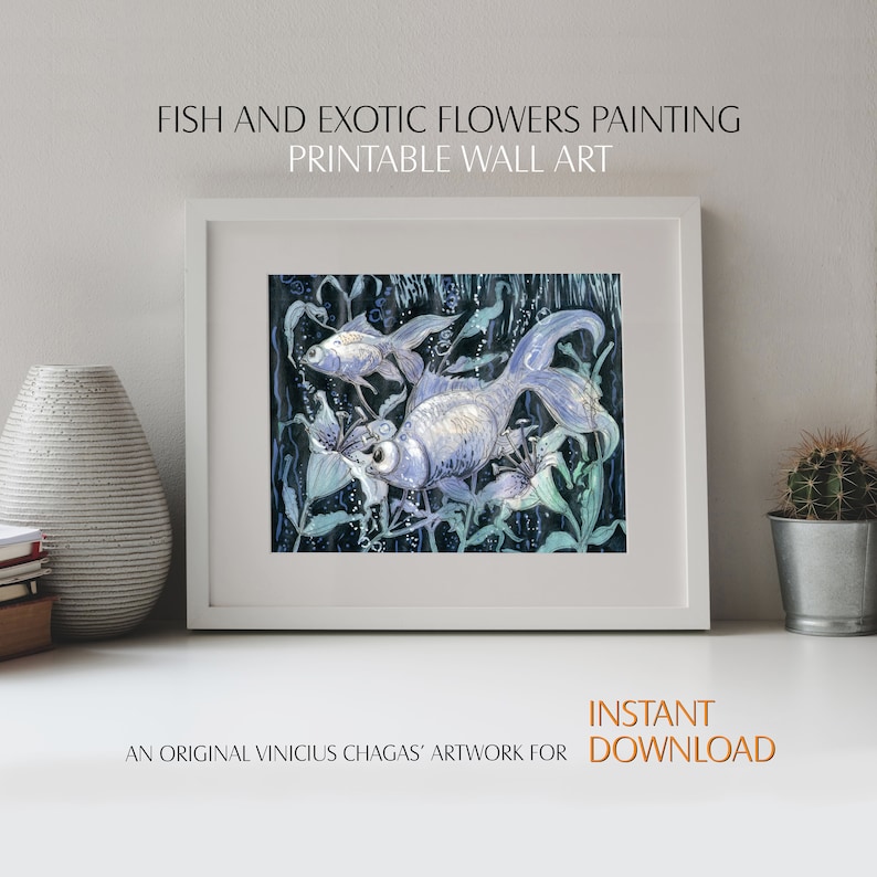Modern Fishes and Flowers Painting Printable Wall Art Acrylics and Tempera on Paper Instant Download Pintable Digital Art