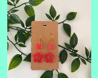 Handmade 70s Pink Flower Dangle Earrings - Funky Resin Statement Jewelry