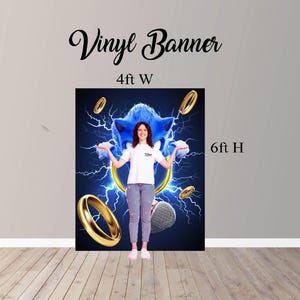 May include: A vinyl banner featuring a blue Sonic the Hedgehog character with gold rings and lightning bolts on a dark blue background. The banner is 4 feet wide and 6 feet high.