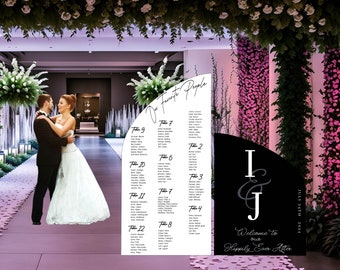 May include: A wedding seating chart with a black and white design. The chart is titled "Our Favorite People" and lists tables with names like "The 7", "The 9", and "The 12". A black sign with a white "I & J" monogram and the text "Welcome to our Happily Ever After" is in the foreground.