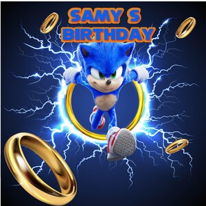 May include: A blue Sonic the Hedgehog character runs through a gold ring with a blue and black background with lightning bolts. The text "SAMY'S BIRTHDAY" is at the top of the image.
