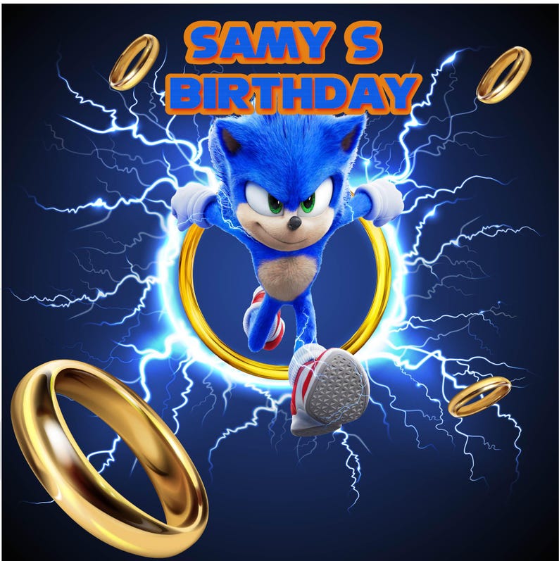 May include: A blue Sonic the Hedgehog character runs through a gold ring with a blue and black background with lightning bolts. The text "SAMY'S BIRTHDAY" is at the top of the image.