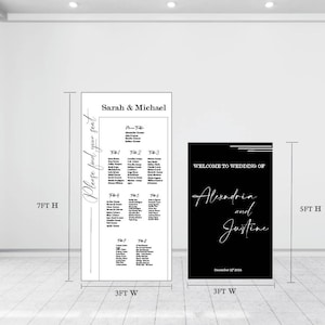 May include: Black and white wedding seating chart with the names Sarah & Michael at the top. The chart is 7 feet tall and 3 feet wide. A separate black sign with white text says "Welcome to the Wedding of Alexandria and Justine" with the date December 27, 2024. The sign is 5 feet tall and 3 feet wide.