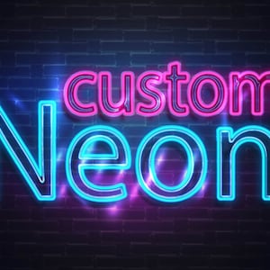 May include: Neon sign with the text "custom Neon" in pink and blue on a brick wall background.