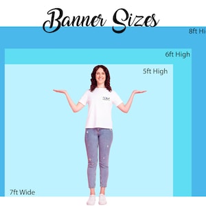 May include: A woman stands in front of a blue and light blue background with the text "Banner Sizes" at the top. The background is divided into three sections, each with a different height: 8ft, 6ft, and 5ft. The woman is holding her arms out to the sides, indicating the width of the banner, which is 7ft.