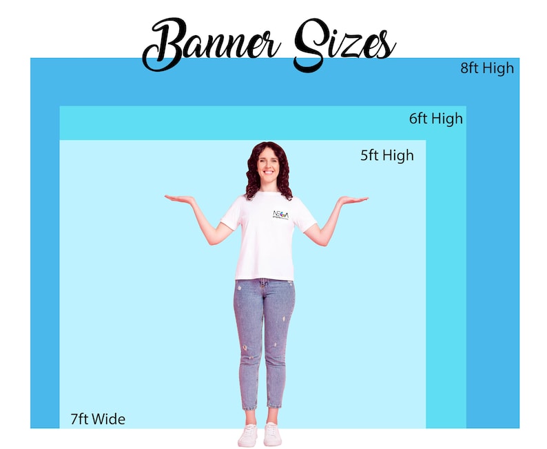 May include: A woman stands in front of a blue and light blue background with the text "Banner Sizes" at the top. The background is divided into three sections, each with a different height: 8ft, 6ft, and 5ft. The woman is holding her arms out to the sides, indicating the width of the banner, which is 7ft.