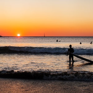 Costa Rica Photography, Beach, Ocean, Sunset, Boats, Surfers, Travel Photography, Wall Art, Home Decor